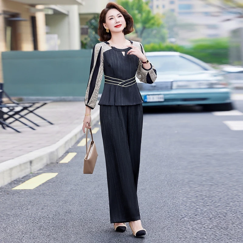 妈妈装春季新款优雅套装中老年女气质减龄小衫裤子两件套