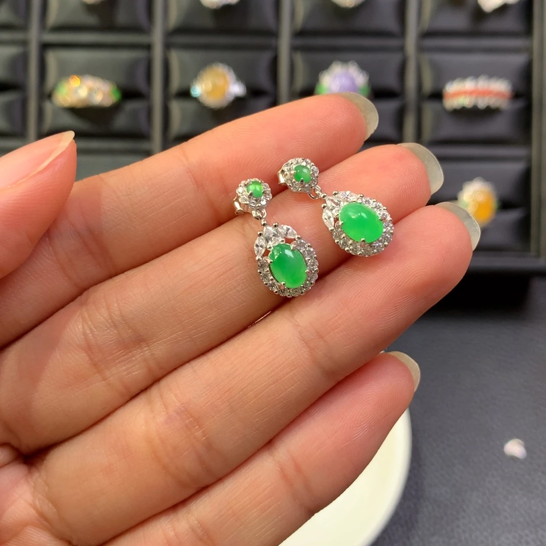 佛***牵翡翠银S925镶嵌耳饰