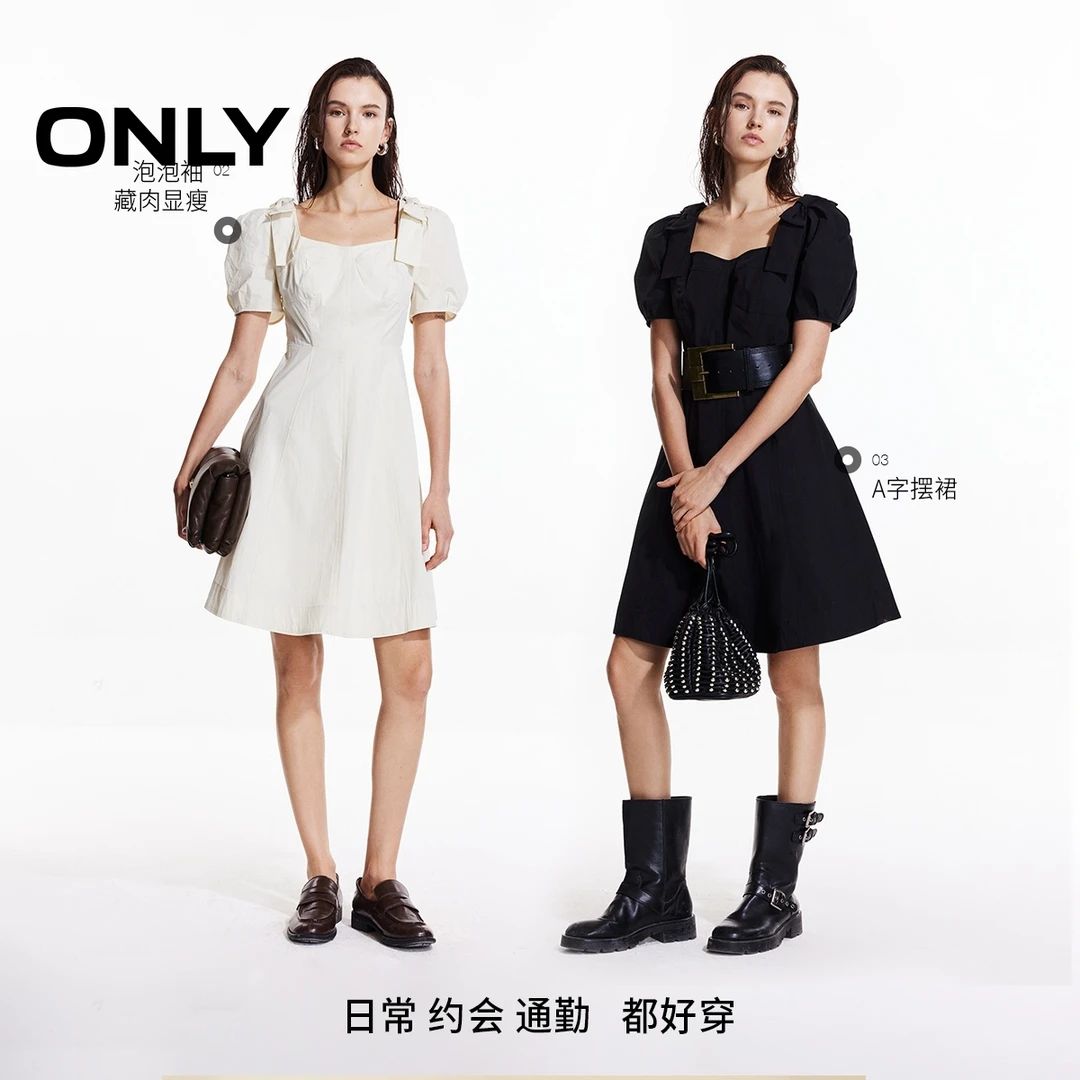 ONLY夏季方领蝴蝶结甜美连衣裙女休闲酷飒风女装高级感|125107047