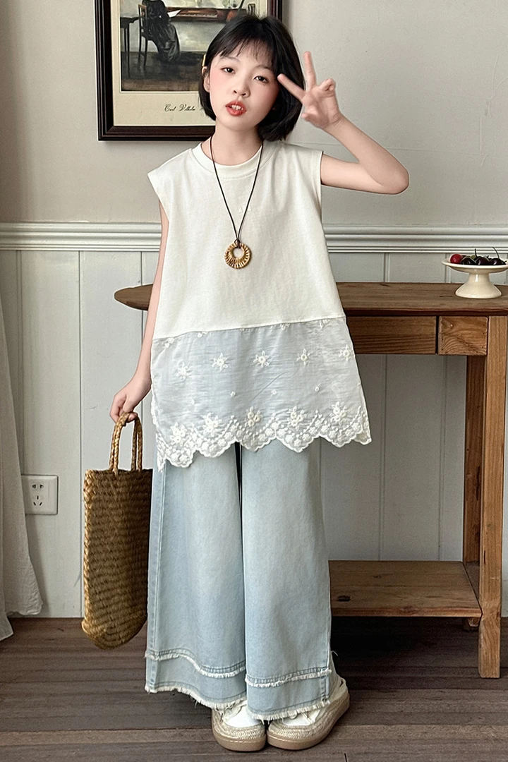 童小乖MG&5016款蕾丝花边背心牛仔阔腿裤套装