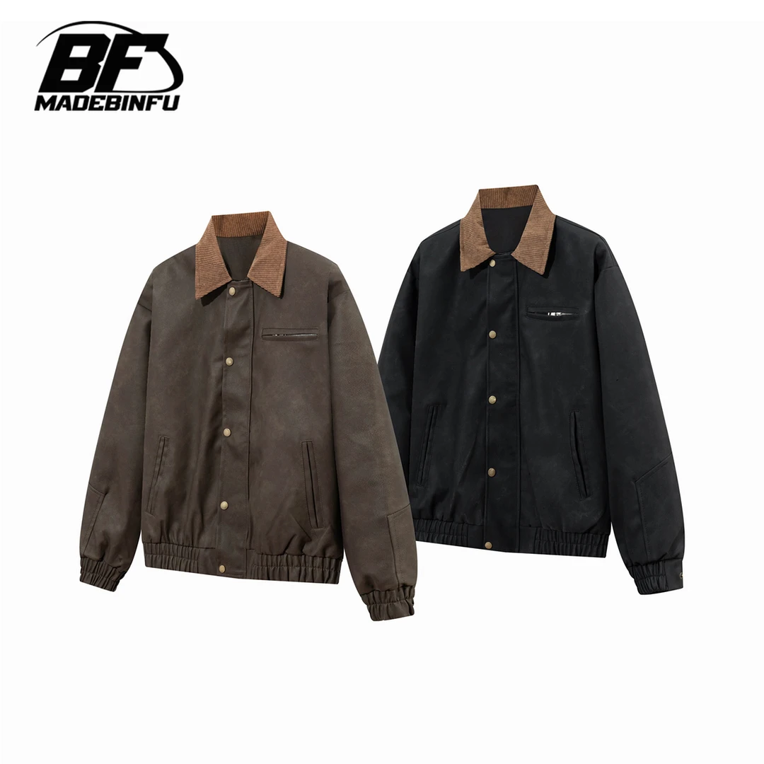 BINFU 春装美式休闲风ins潮 男女同款拼色宽松百搭皮衣夹克外套