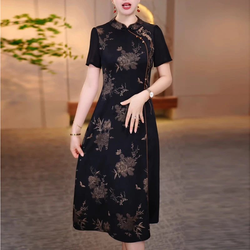 国风气质短袖改良旗袍连衣裙女2025夏季新款中年妈妈高档礼服裙子