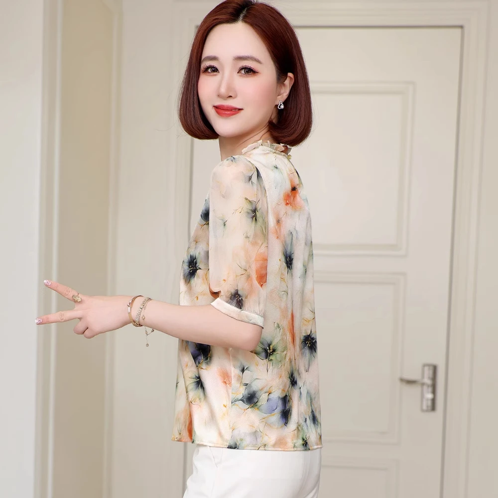 真丝上衣女2025夏新款木耳边洋气减龄印花半袖衬衣桑蚕丝遮肉小衫