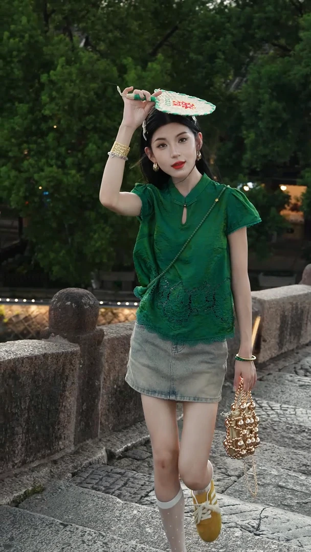 【寻竹】新中式国风夏季设计款鎏金缎轻薄短袖上衣女LY-G8572