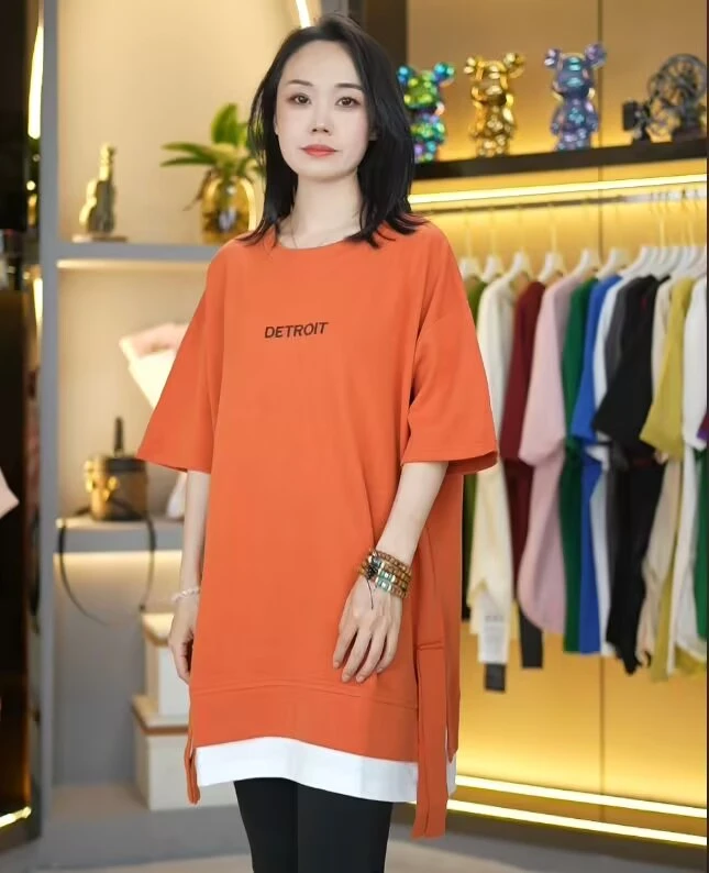 夏季新款宽松印花短袖T恤中长款圆领显瘦休闲时尚简约卡通上衣潮