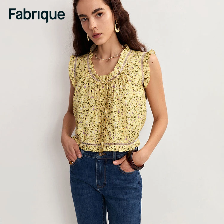 【Fabrique】 Floris 春夏新款柠檬黄桑蚕丝棉碎花无袖镂空背心上衣