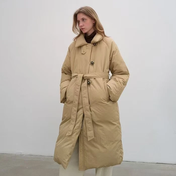 AW241567  极简大牌风翻领斜扣腰带长款鹅绒服