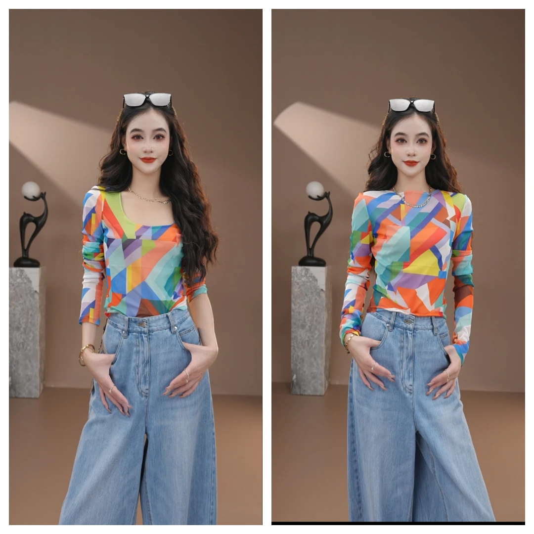 AMASS/阿玛施打底时尚显瘦内搭大U型领印花修身长袖T恤女5300927