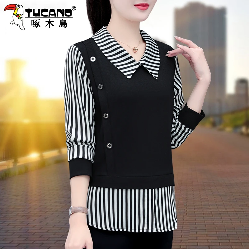 啄木鸟假两件条纹衬衫女新款春秋洋气中年妈妈遮肚显瘦上衣