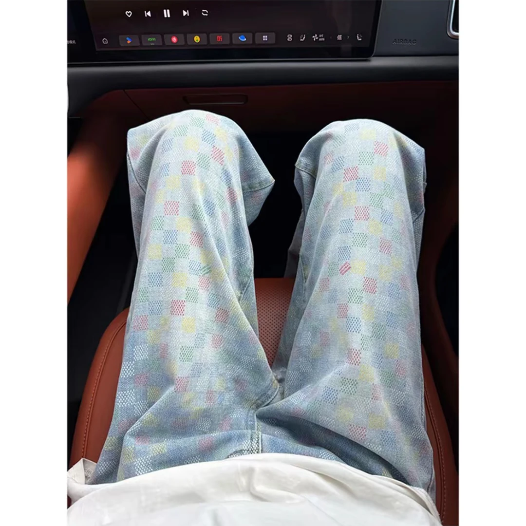 满印提花格子牛仔裤男款秋季美式痞帅高级感裤子设计感高街直筒裤