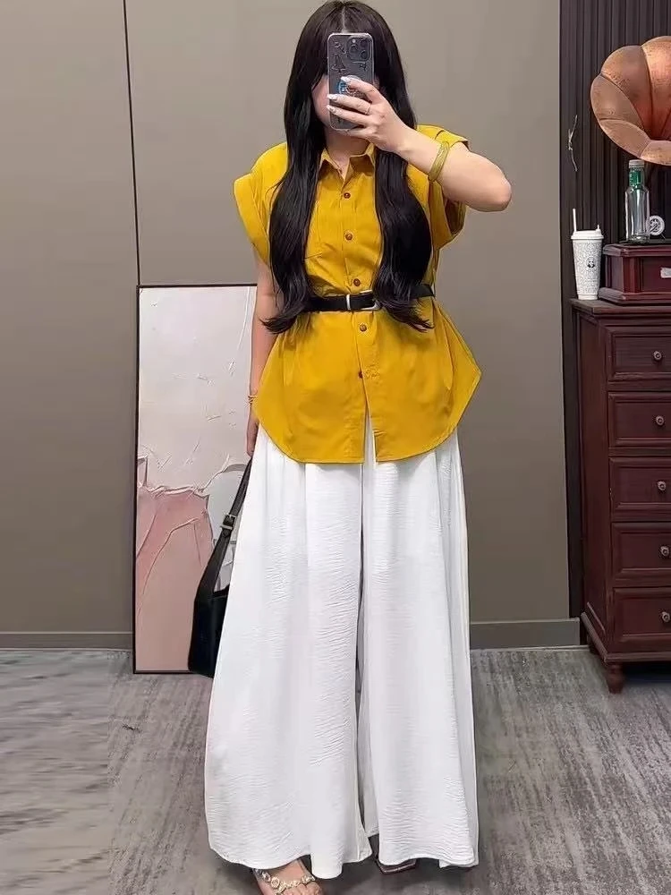 L大码减龄气质套装女夏季新款简约纯色百搭衬衣裤裙两件套