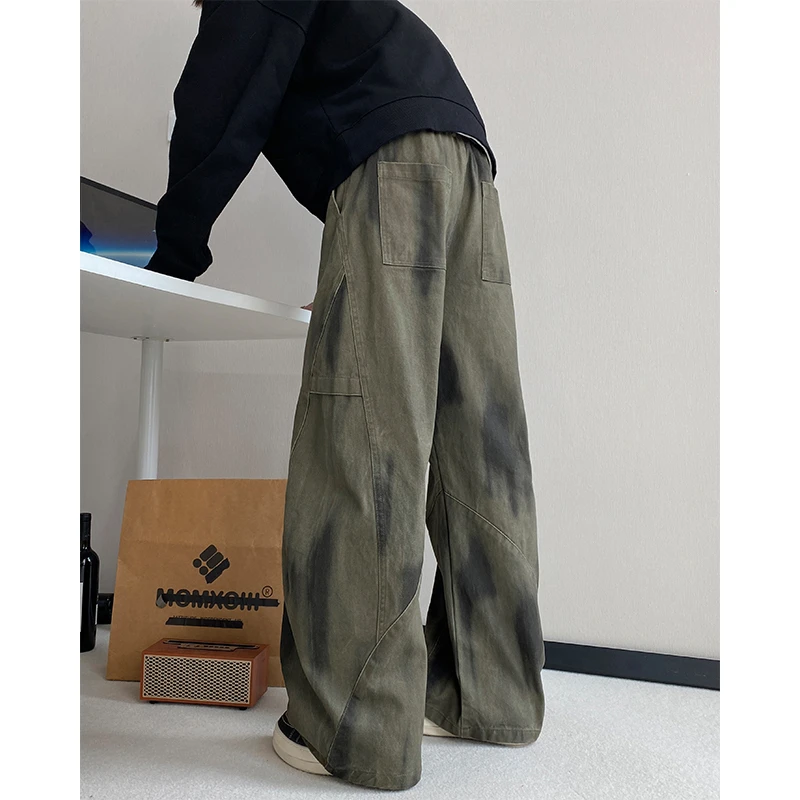 绿色扎染伞兵工装裤男款冬季潮牌痞帅休闲裤美式宽松直筒阔腿裤子