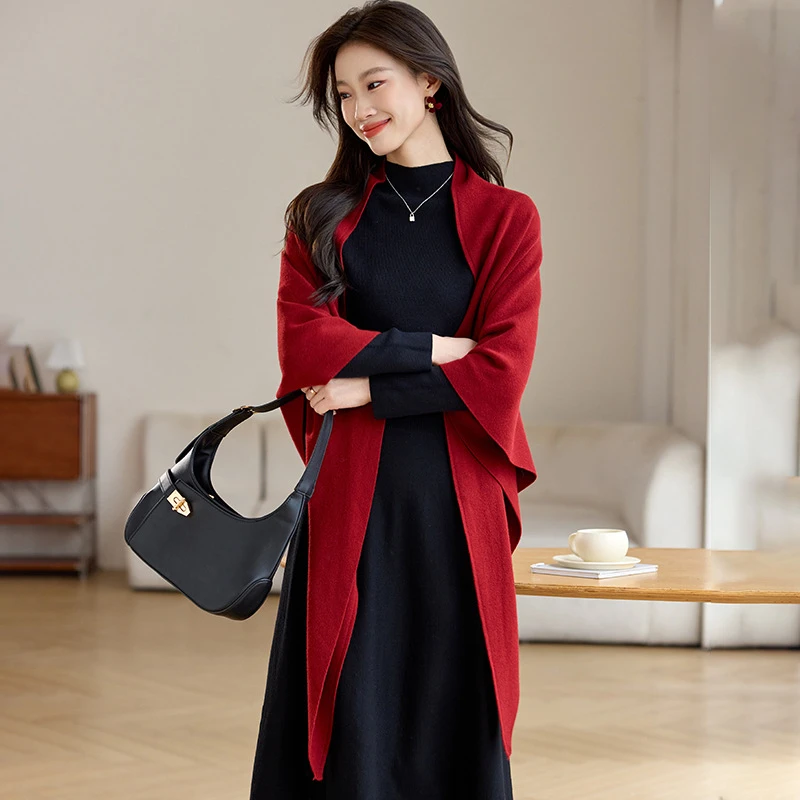 外搭披肩女2024新款针织开衫外套女士慵懒风斗篷中长款披肩上衣