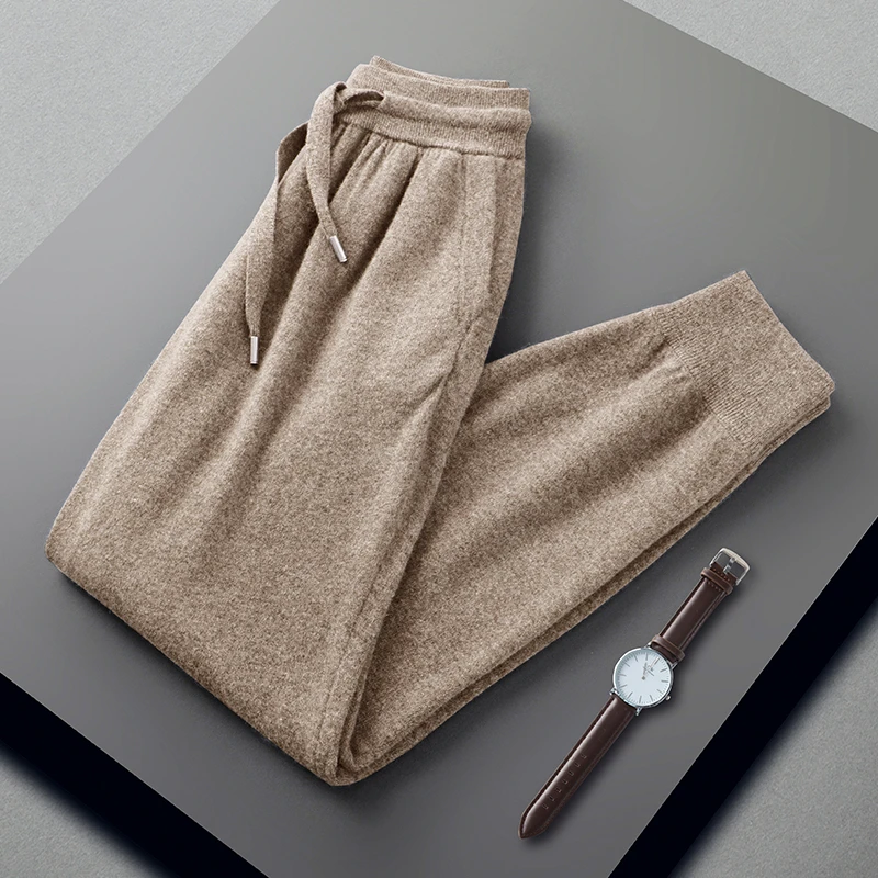 2024秋冬季新款百搭100纯山羊绒裤男士外穿纯色运动休闲束脚长裤
