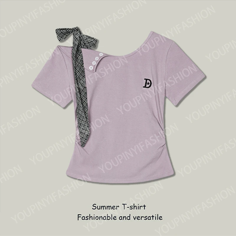 短袖T恤女2025夏季新款刺绣斜领绑带设计感褶皱时尚百搭显瘦上衣