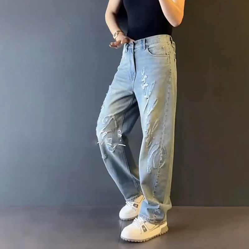 轻奢男装大码潮牌男士时尚新款2025年直筒重工阔腿牛仔裤休闲宽松