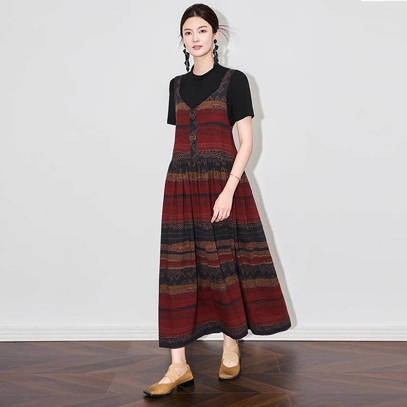 2025年春夏吊带印花安可拉背心收腰显瘦连衣裙气质复古长裙A82729