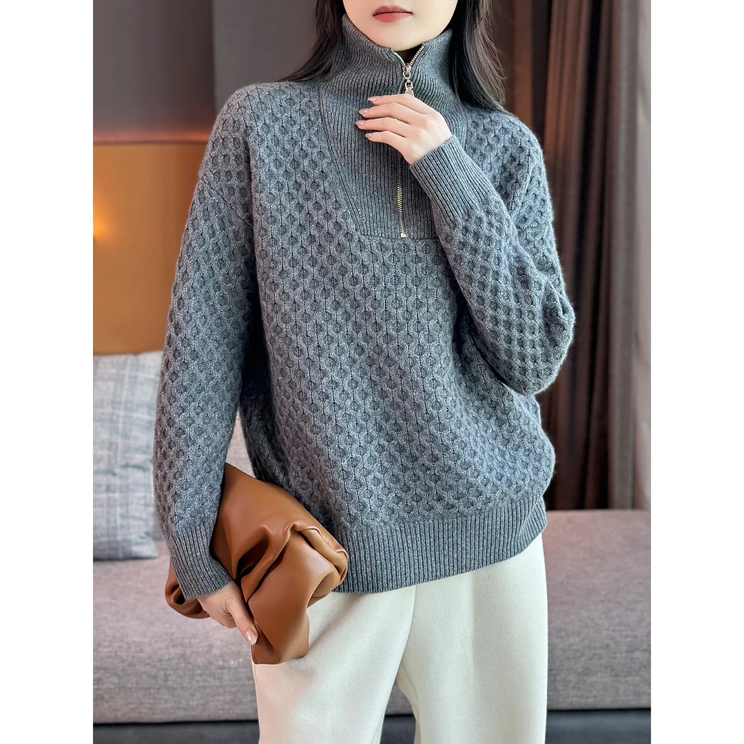 左左家 LP奢暖加厚~拉链大翻领立体绞花100%羊绒慵懒风毛衣针织衫