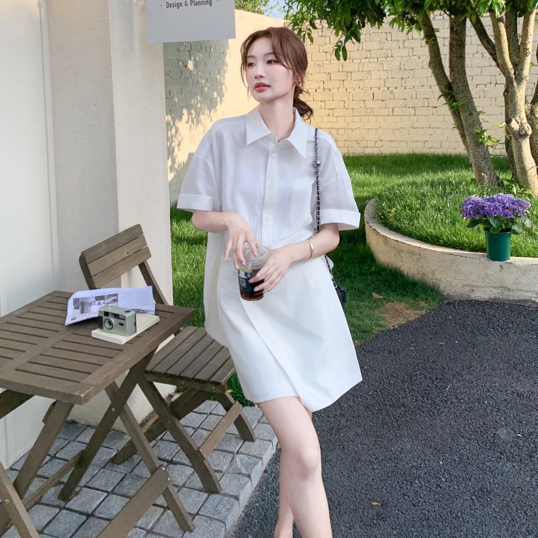 白色减龄假两件拼接衬衫连衣裙女夏季2025年新款小个子超好看裙子