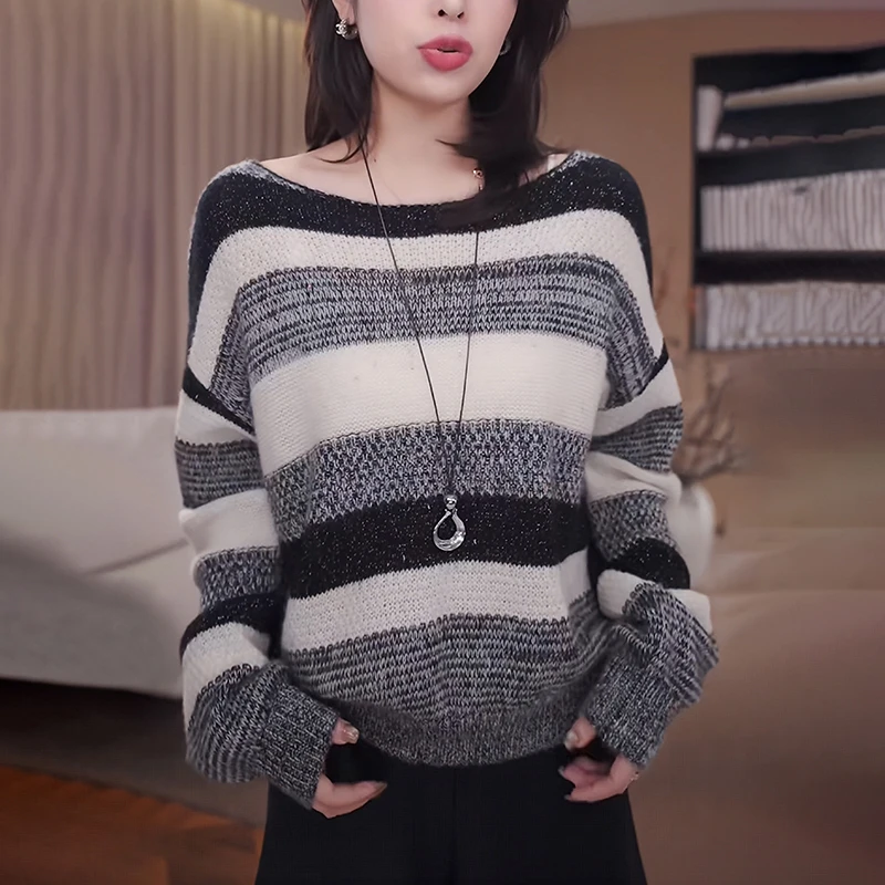 秋冬季女条纹一字领毛衣慵懒风软糯宽松显瘦内搭打底针织上衣