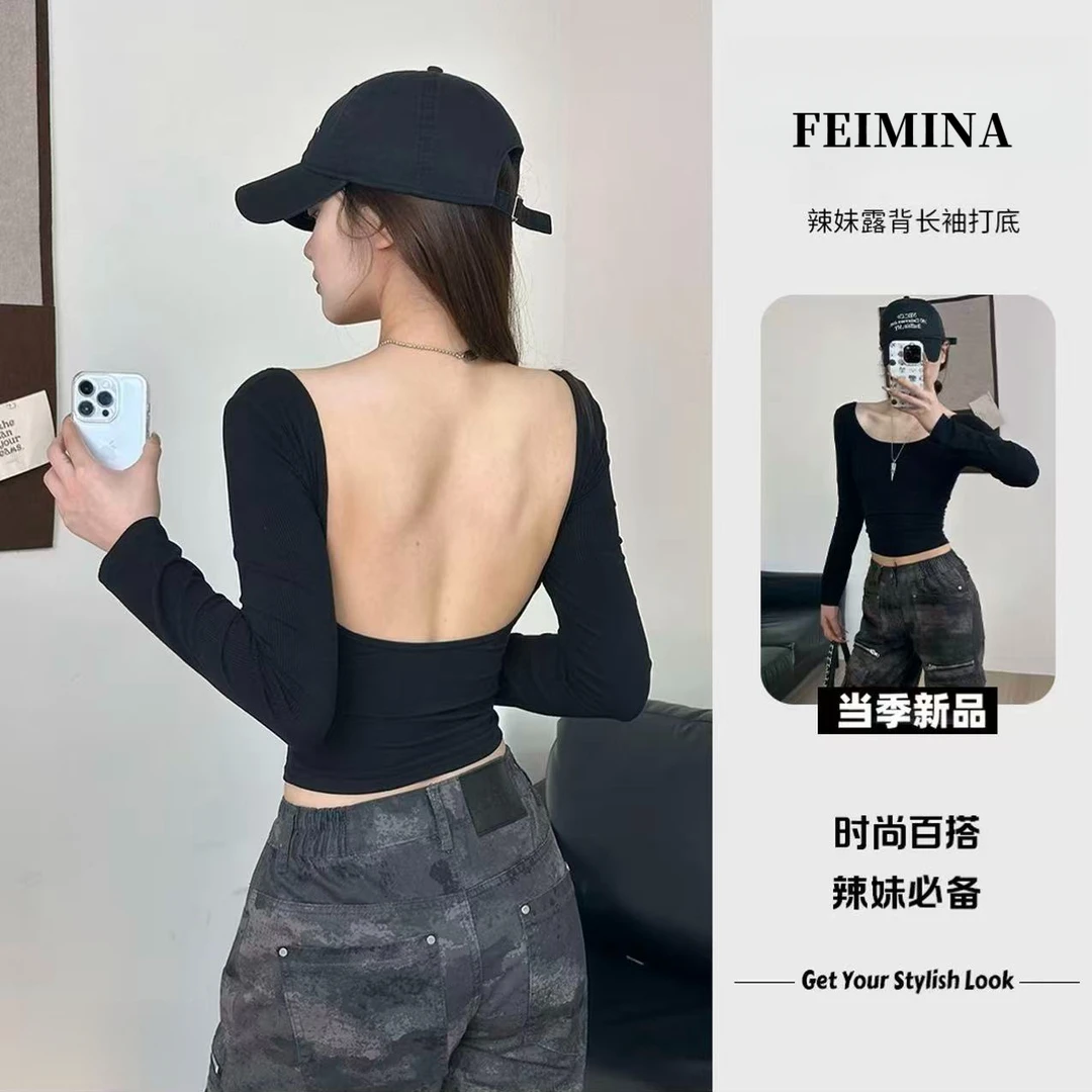 辣妹性感大露背黑色长袖T恤女紧身显瘦早秋款内搭外穿打底上衣潮Z