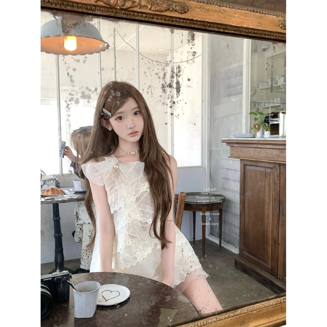 迟伞伞25/ss 山茶花雾 蚂蚁边无袖蝴蝶结刺绣上衣千层半裙套装夏