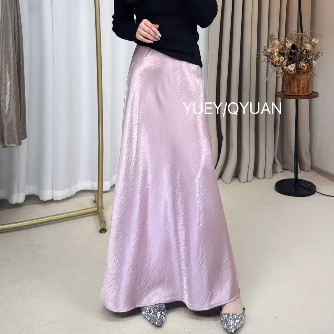 2025春夏新款缎面A版复古百搭丝滑半身裙松紧腰显瘦包臀A字裙长裙