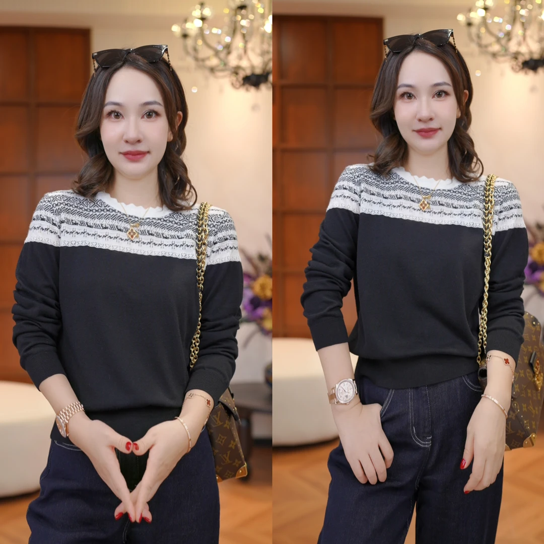 JDND轩羽【费尔岛针织】羊毛撞色宽条纹圆领刺绣针织小衫XY25528