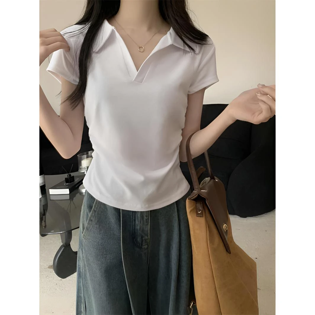 韩系polo领收腰设计感别致小衫女夏季短款显瘦修身短袖T恤上衣ins