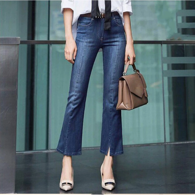 【商场同款】微喇牛仔裤微开叉高腰修身春秋显瘦休闲九分裤1100023