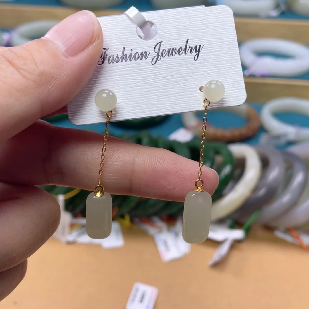 和田玉银S925镶嵌耳饰