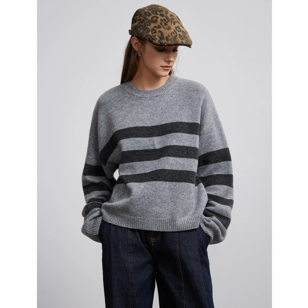 Basic House/百家好美式复古条纹撞色毛衣女2024冬季显瘦羊毛衫