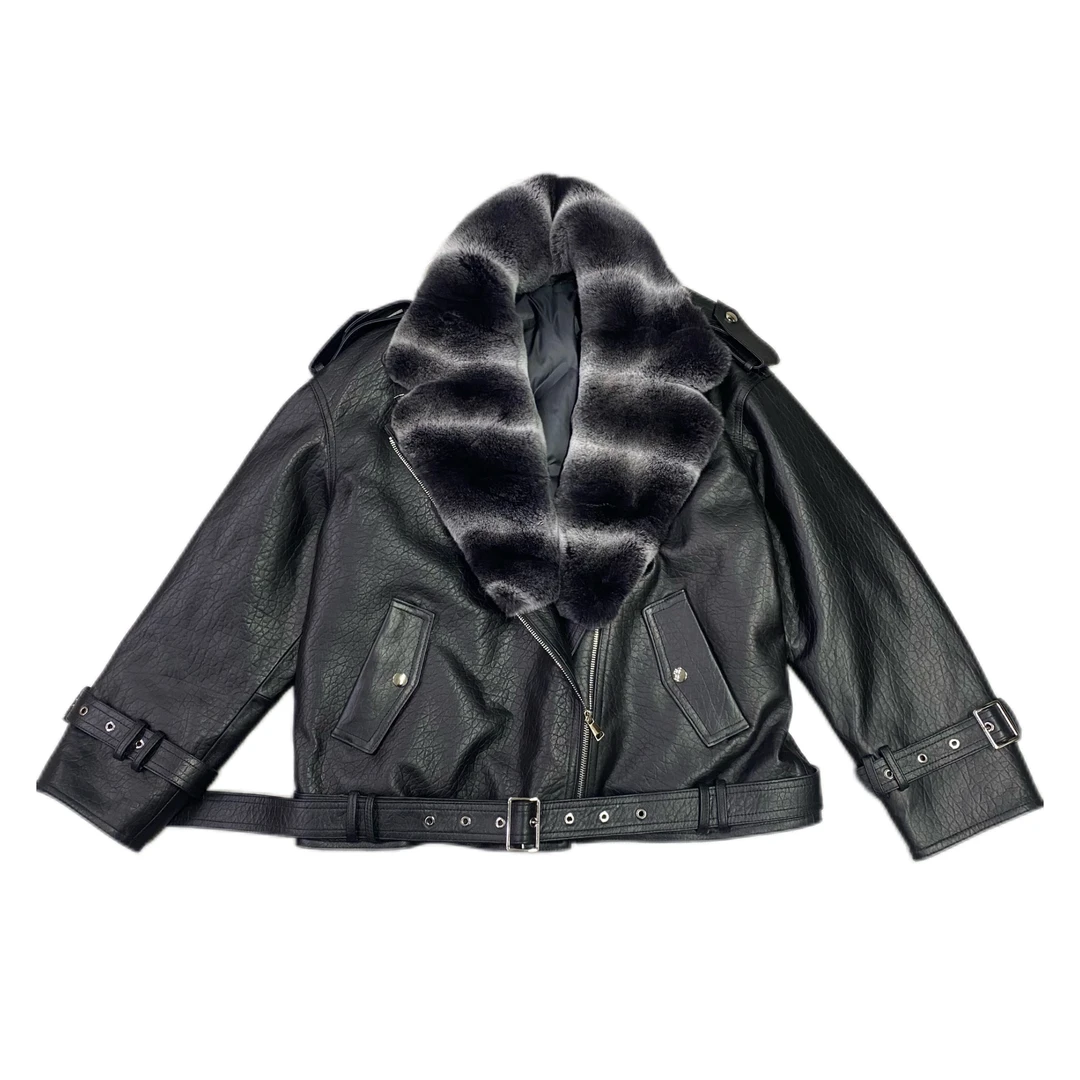 秋冬懒系风撞色獭兔毛领可拆卸夹克羽绒外套皮衣25706