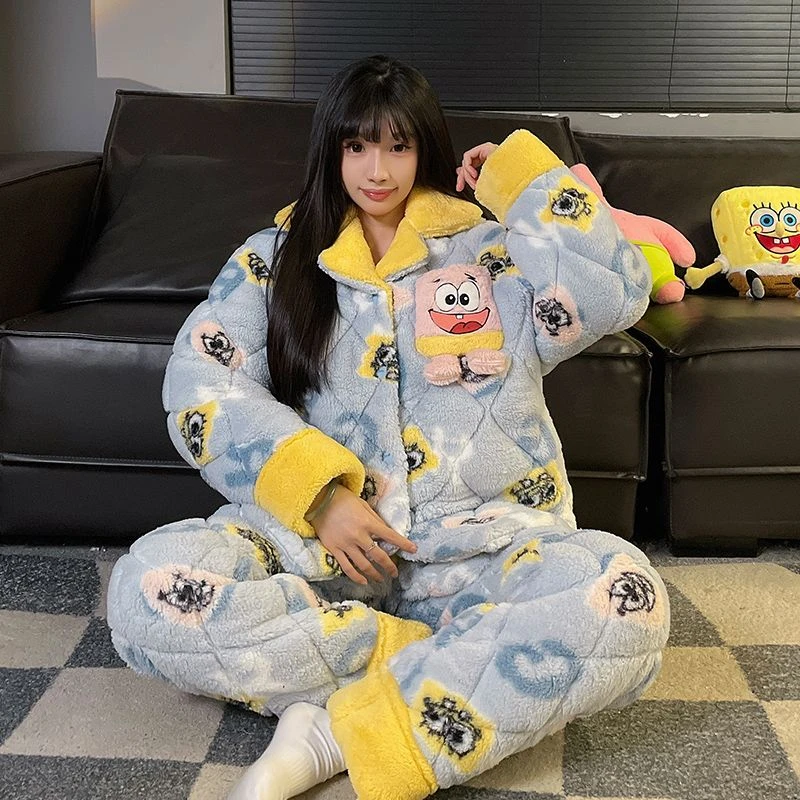 加绒加厚珊瑚绒三层夹棉睡衣女士秋冬季可外穿保暖卡通家居服套装