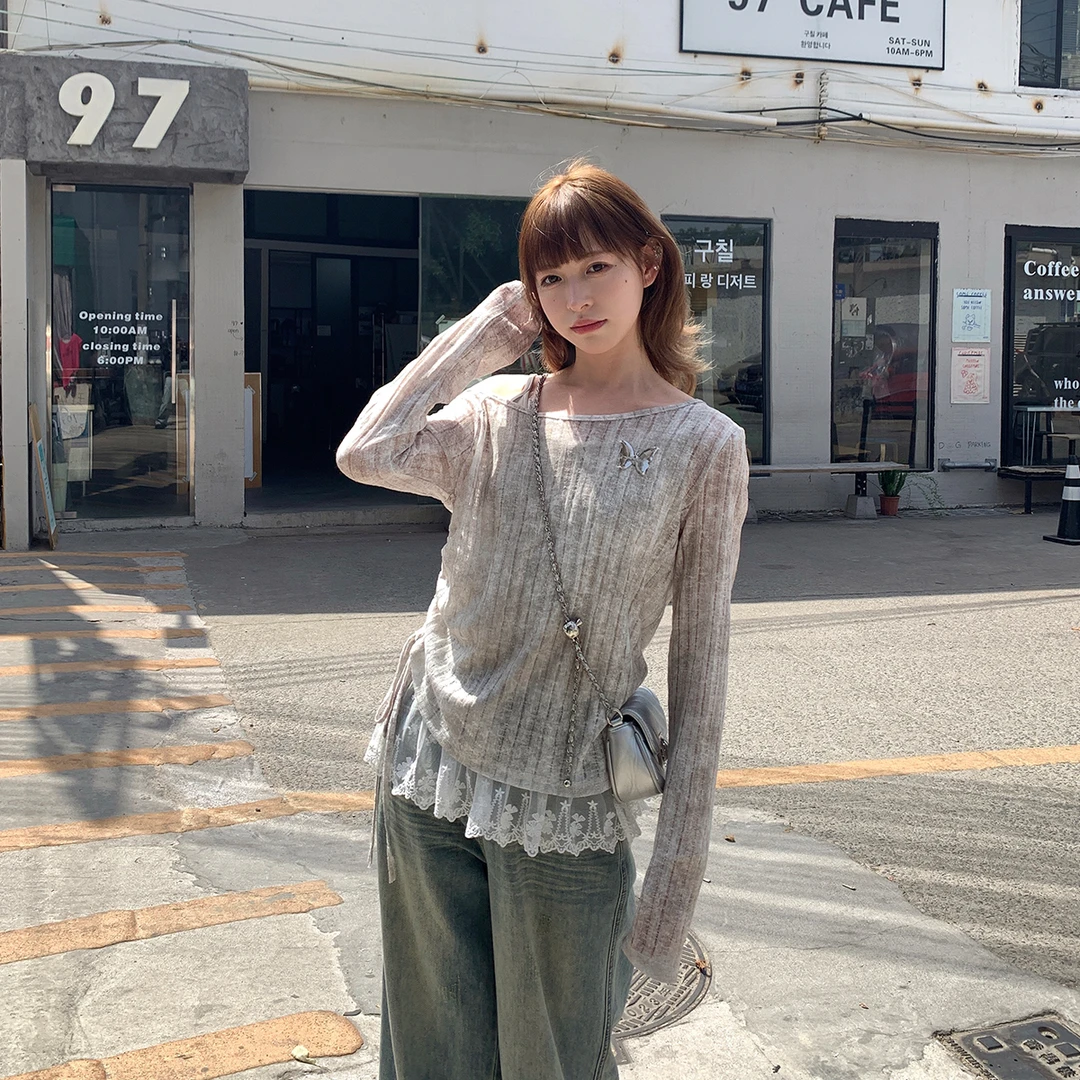 【吵吵家】美式甜酷辣妹斜肩针织衫两件套54116