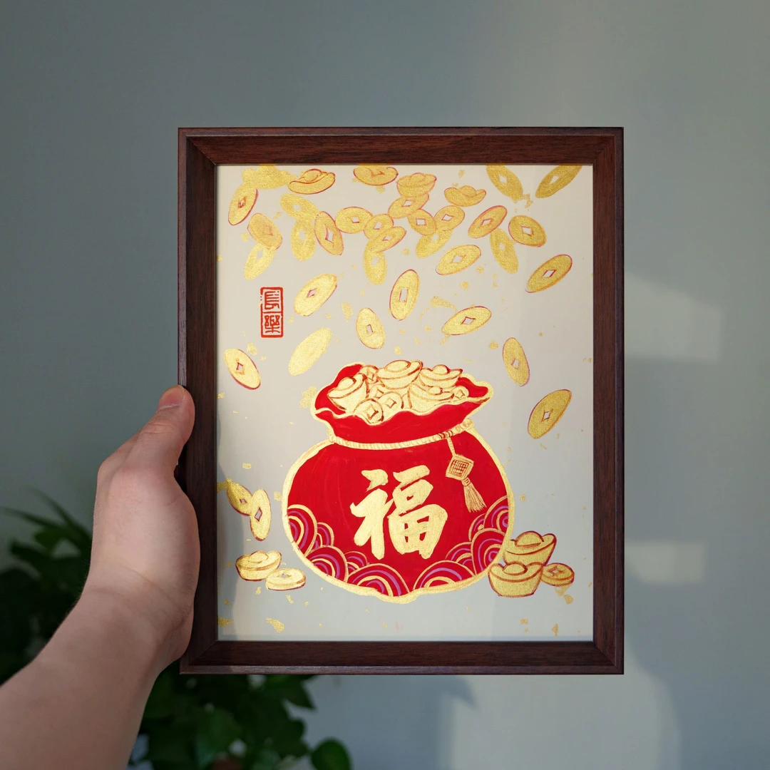好运发财福袋摆件简约时尚家居装饰手绘画框摆台礼物27cm*23cm