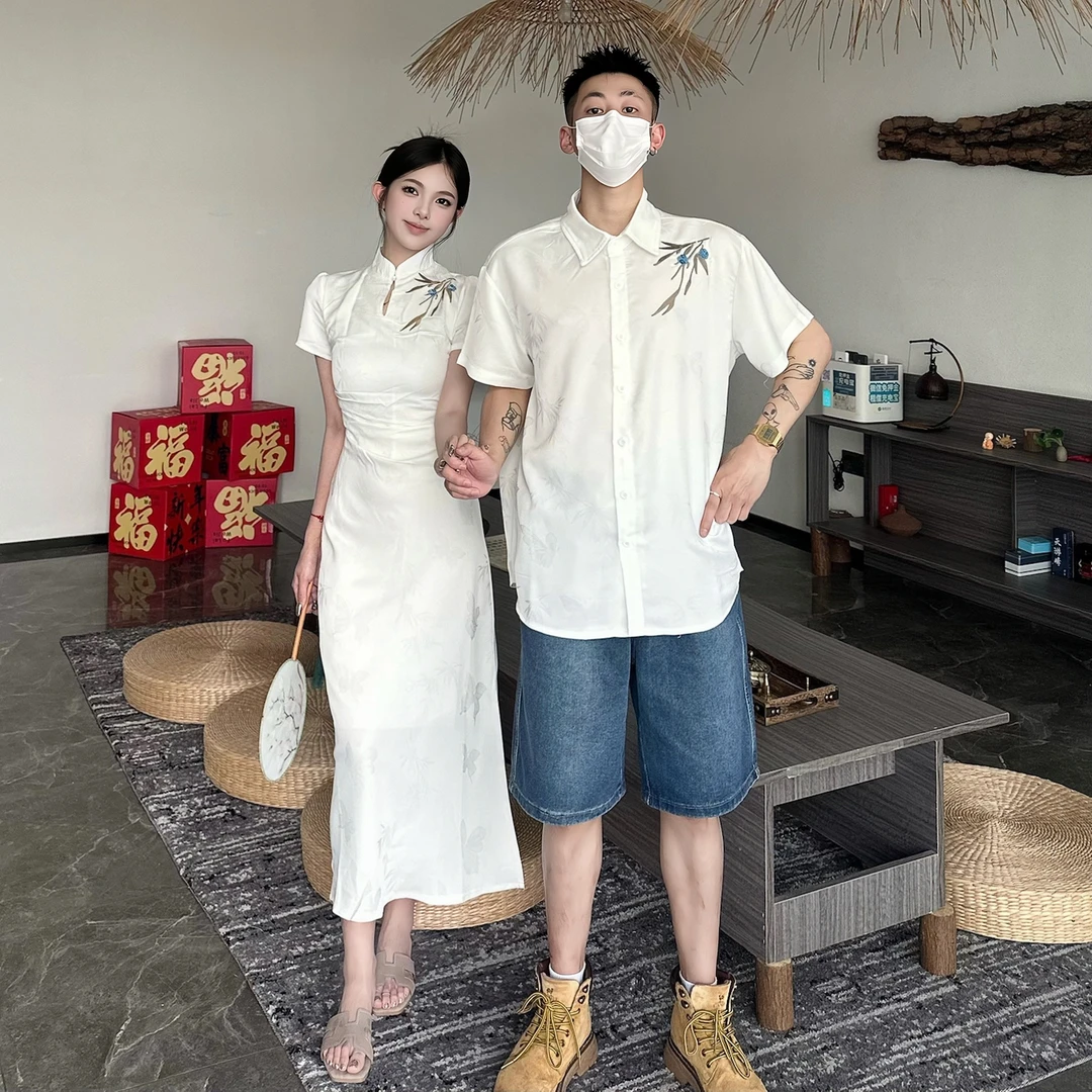 新中式情侣装夏季小众设计感短袖衬衫女旗袍连衣裙法式一裙一衣潮
