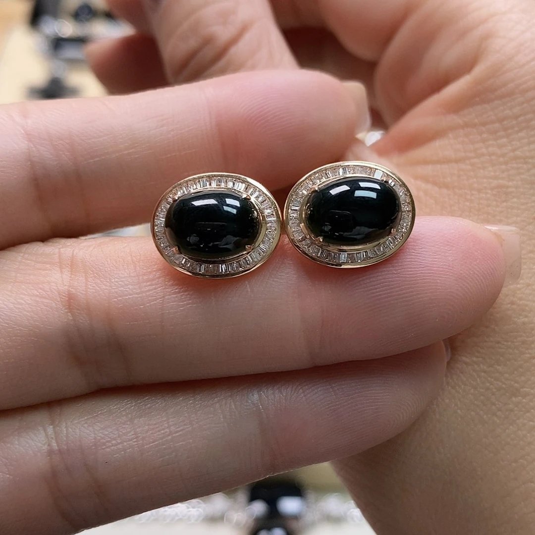 翡翠耳饰18K金镶嵌墨翠