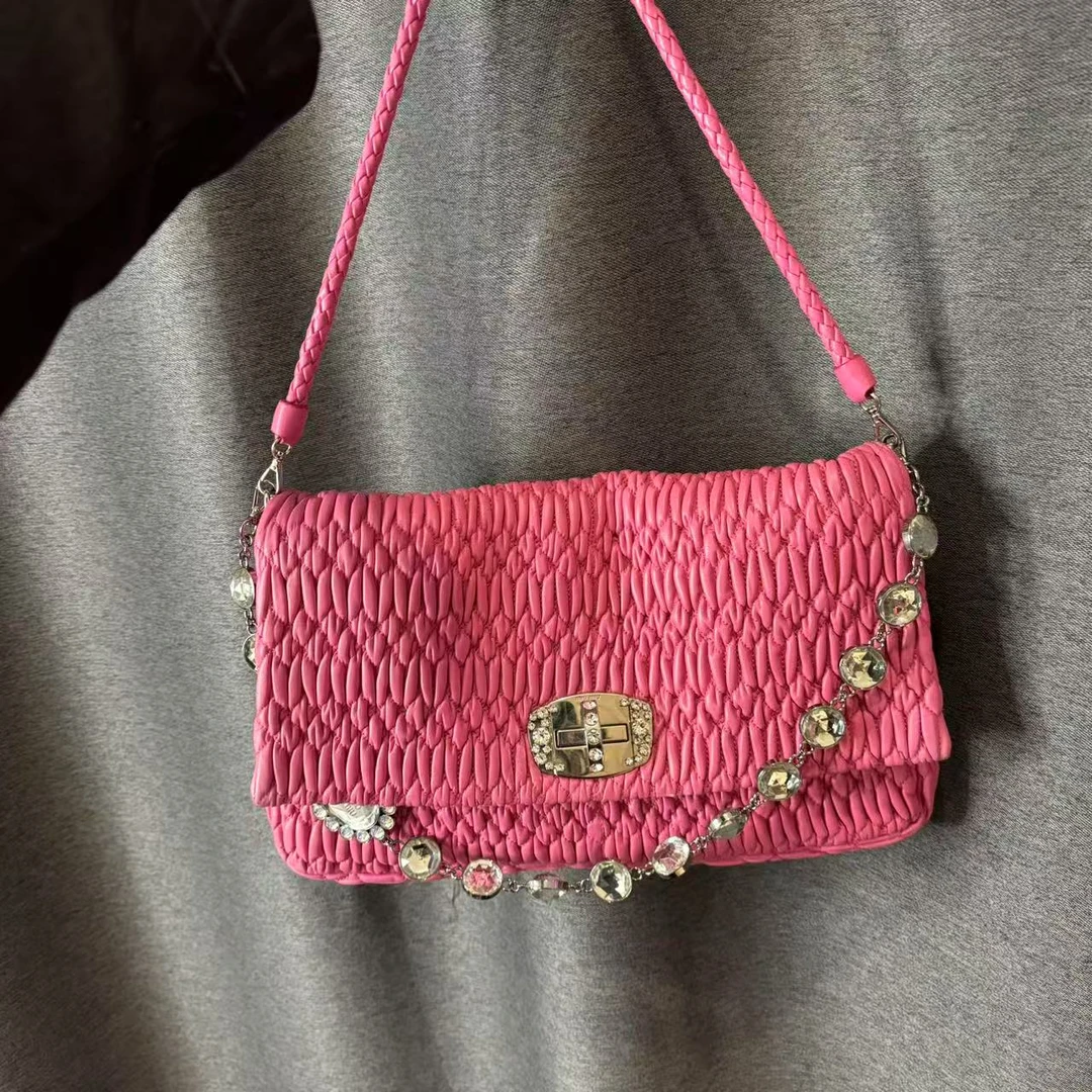 95新 MIU MIU/缪缪 辣辣/大号玫红色褶皱宝石包