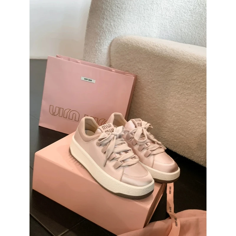 miu家~真皮缎面厚底增高休闲鞋女春夏新款百搭圆头透气运动鞋板鞋