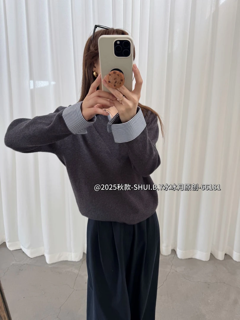 水冰月家秋冬条纹拼接毛衣66181（实物更有质感）