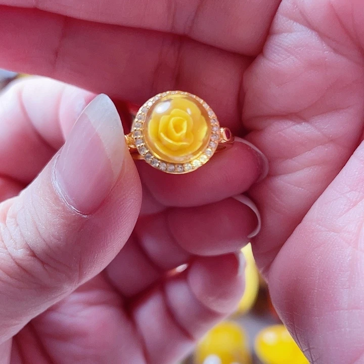 琥珀银S925镶嵌裸石戒指