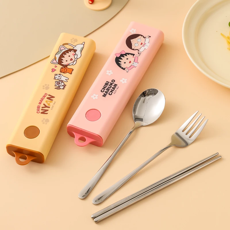 川岛屋樱桃小丸子筷子勺子套装一人用小学生便携餐具收纳盒三件套