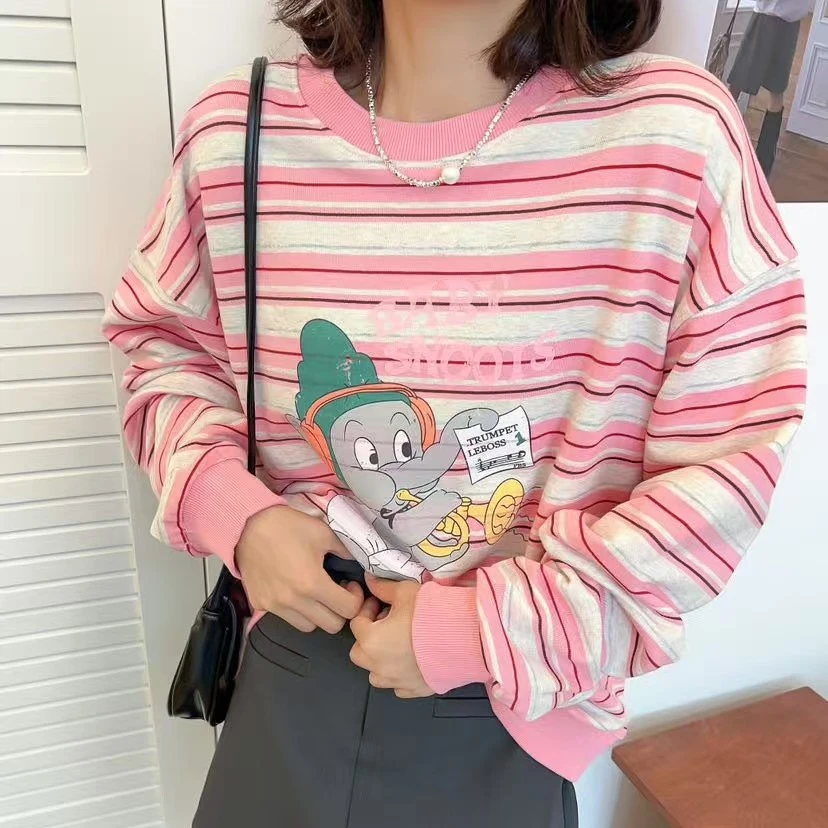 少量！韩代25春新款复古风条纹圆领长袖卡通大象印花宽松百搭卫衣