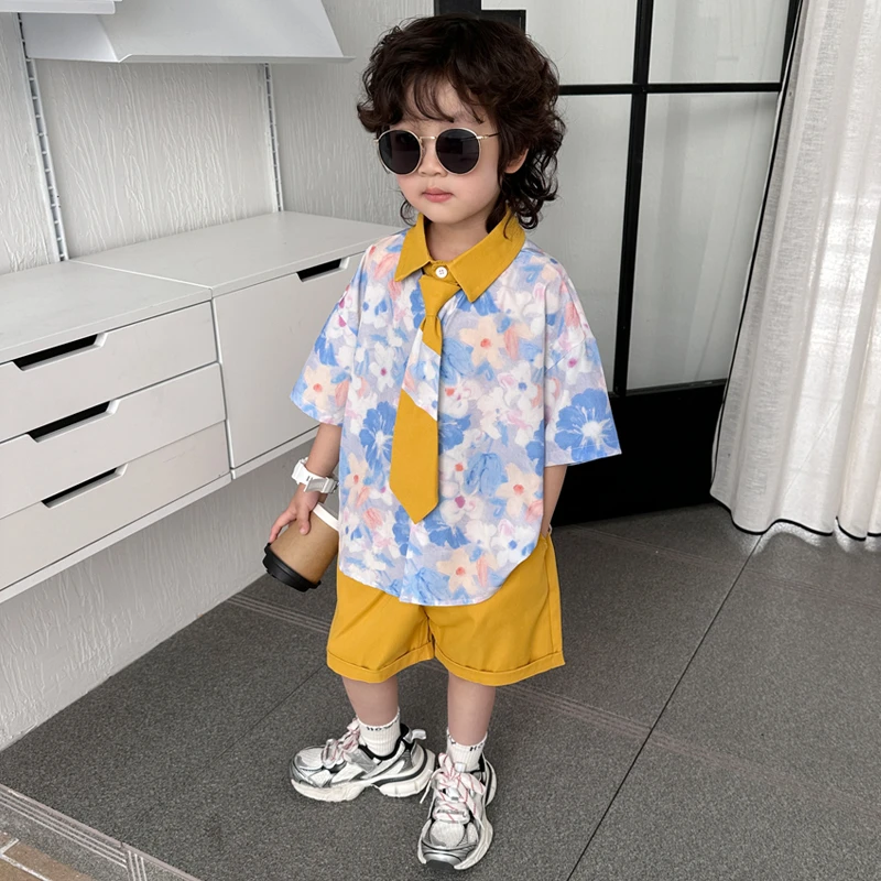 男童夏装套装痞帅儿童夏季洋气短袖花衬衫海边度假风两件套潮衣服
