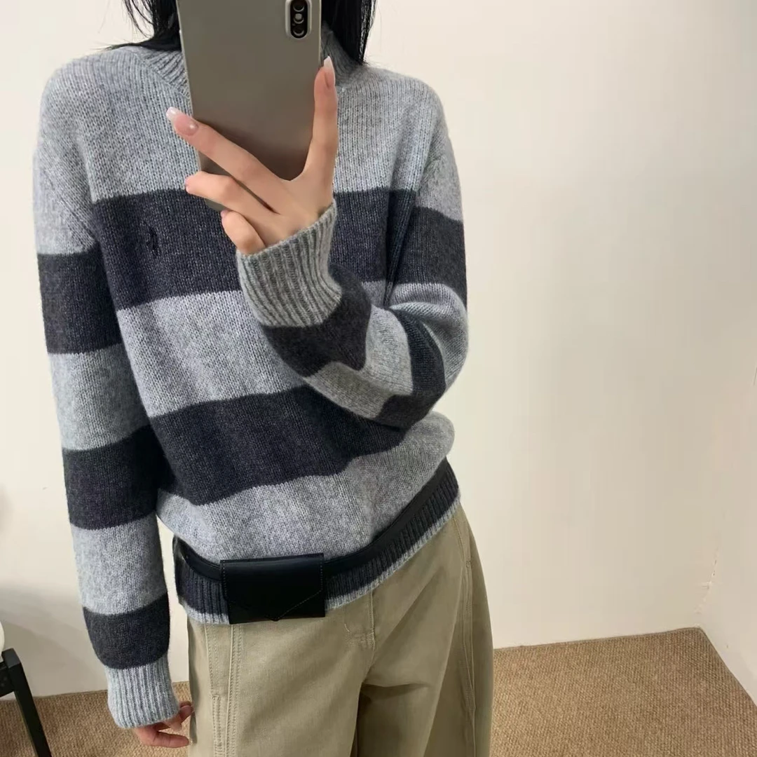 灰色撞色条纹针织衫上衣女5690