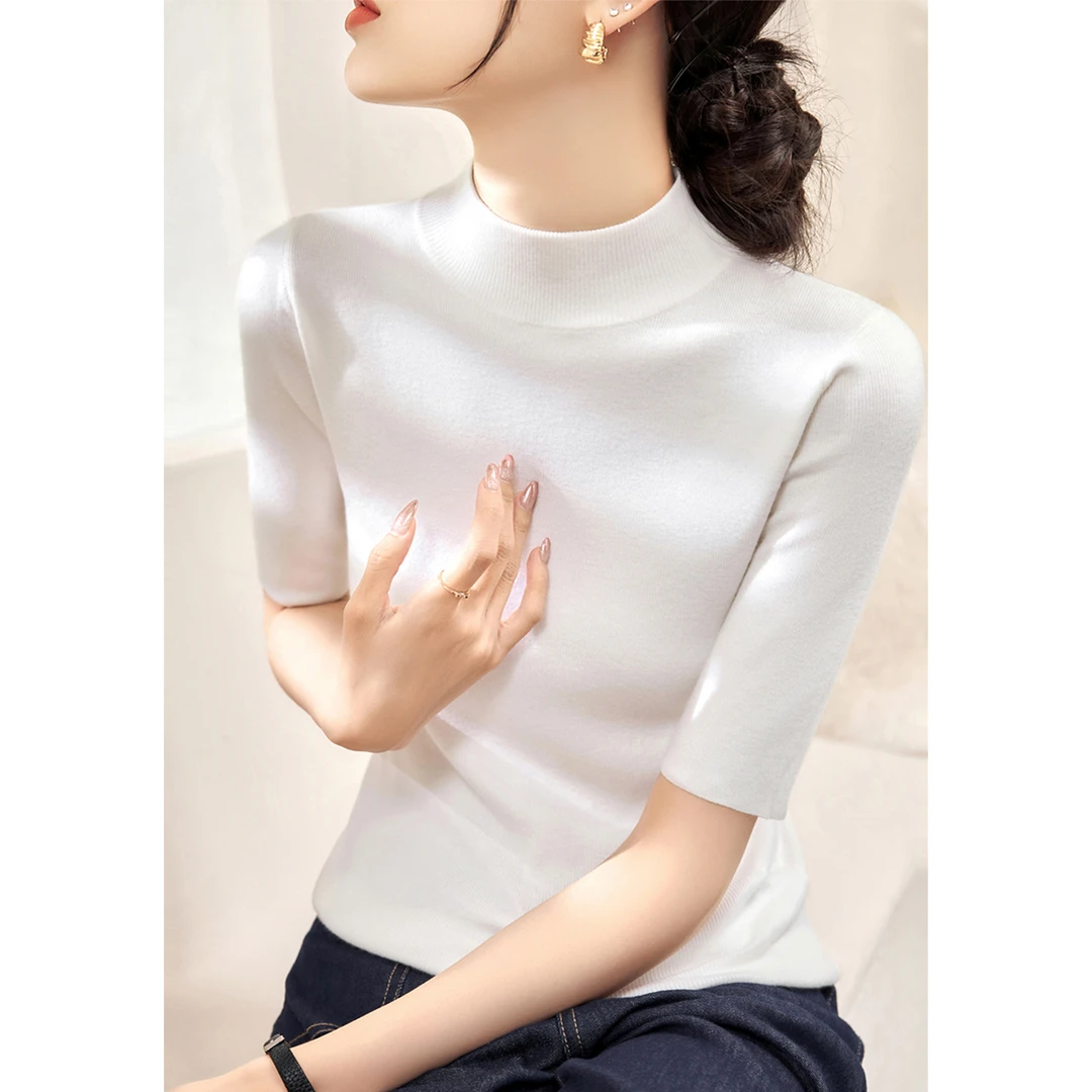 2025年秋季新款修身气质针织打底衫上衣半高领百搭五分袖女装上衣