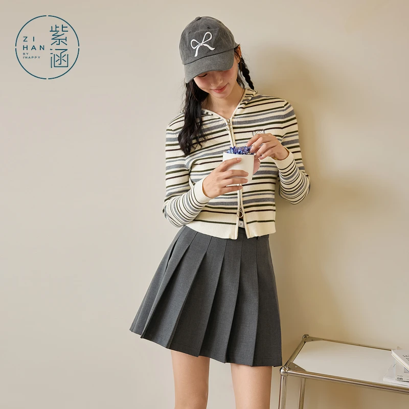 紫涵条纹双拉链针织衫2025修身连帽打底衫Z5Z01BS245