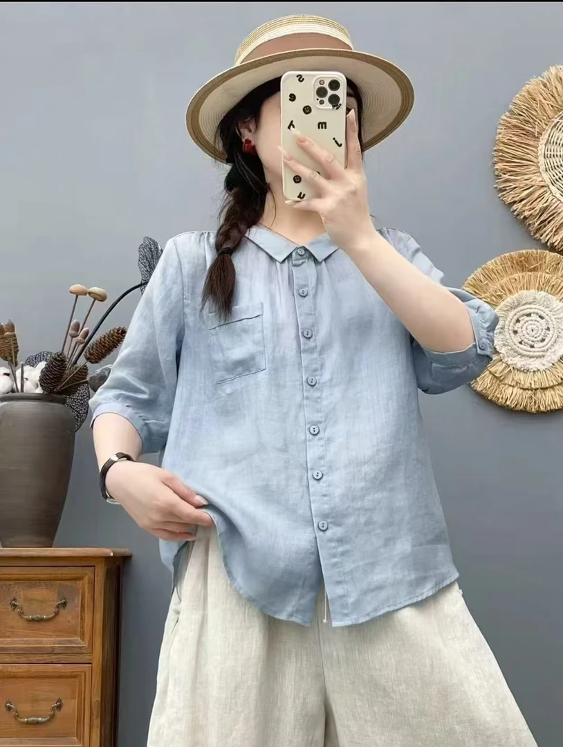 100苎麻衬衣外贸原单夏季新款显瘦休闲百搭薄款纯色立领文艺气质