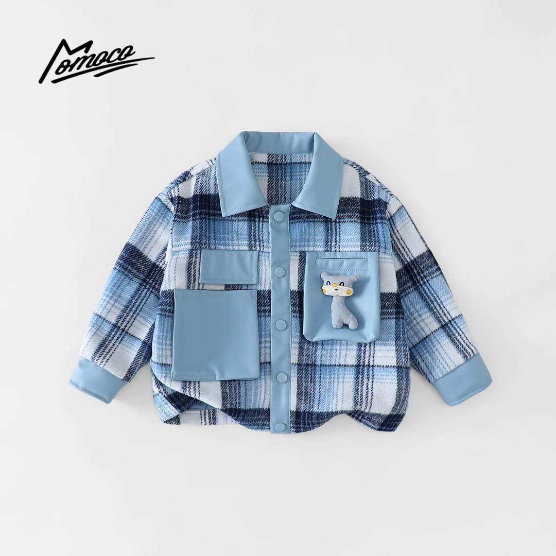 MOMOCO男童秋季新款格子拼皮外套中小童韩版上衣77330107031